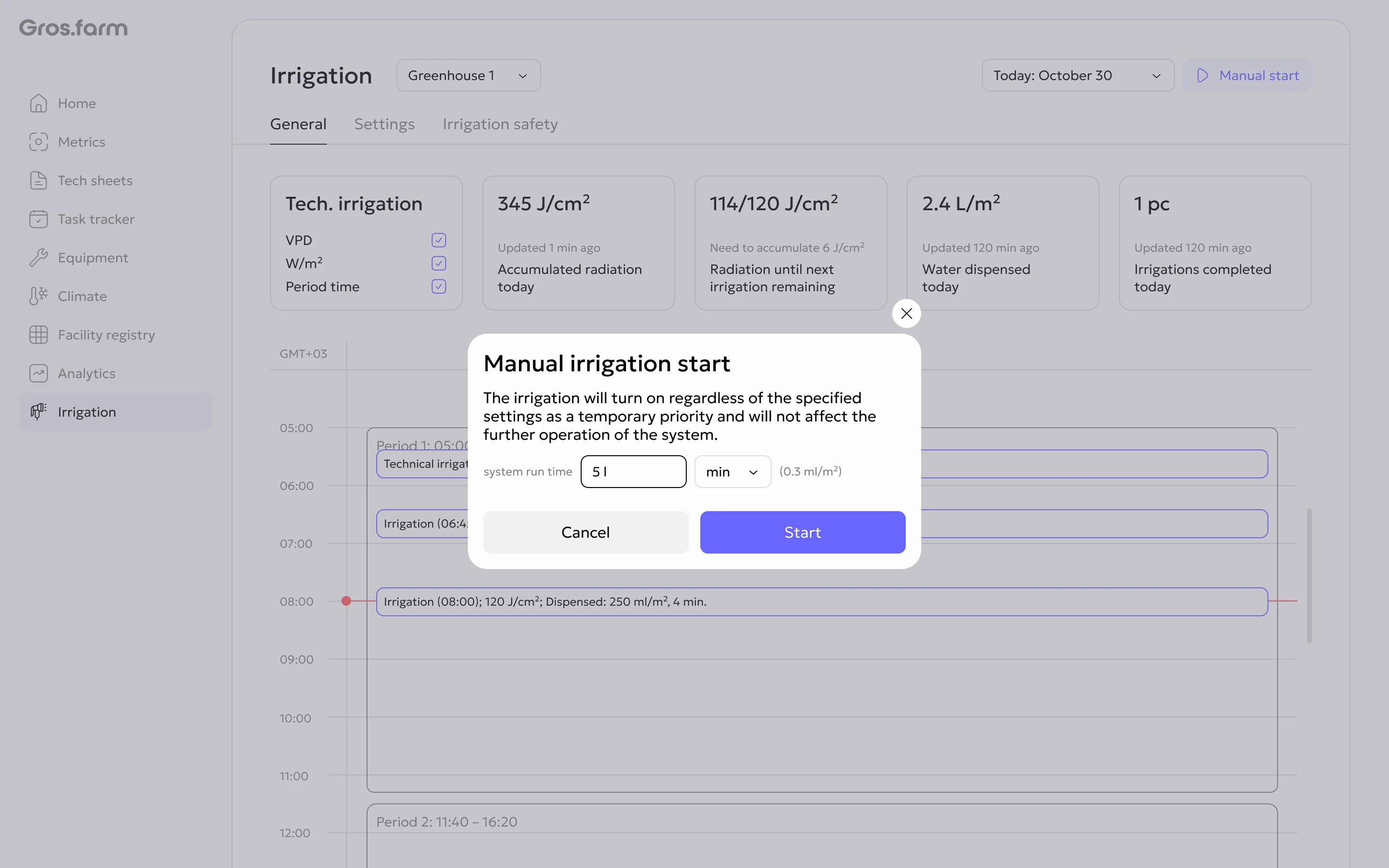 Manual irrigation start dialog