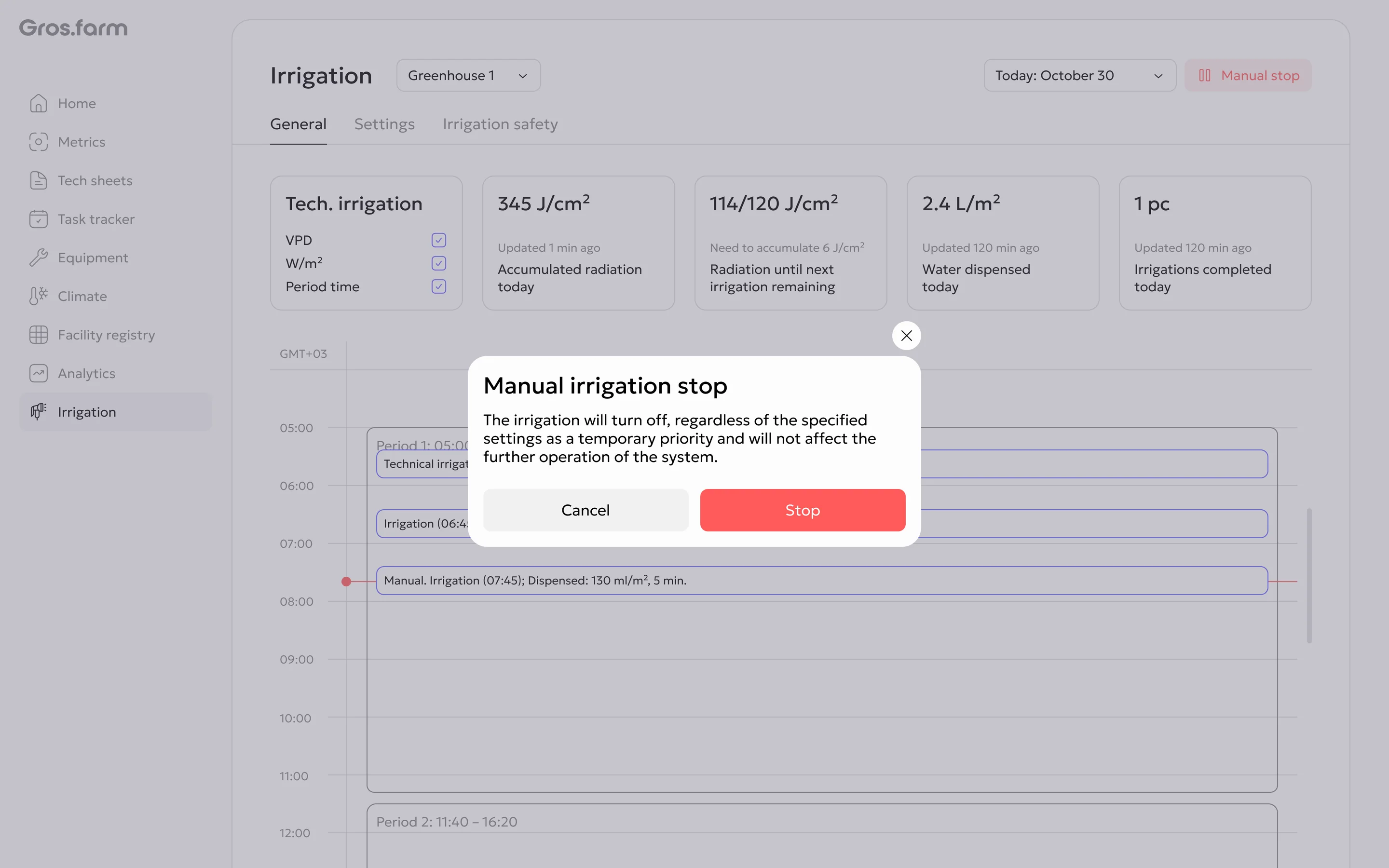 Manual irrigation stop confirmation