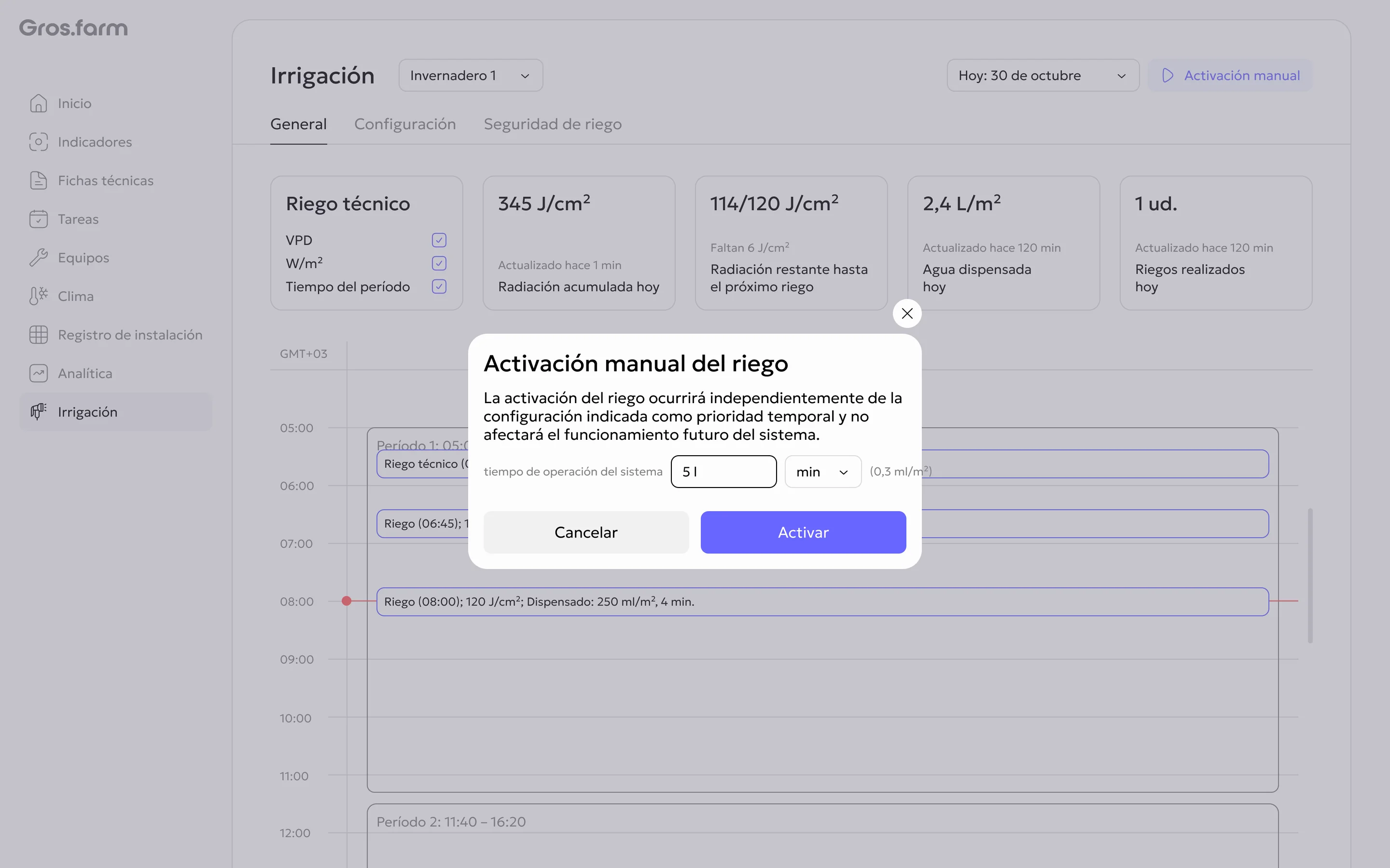 Diálogo de activación manual del riego