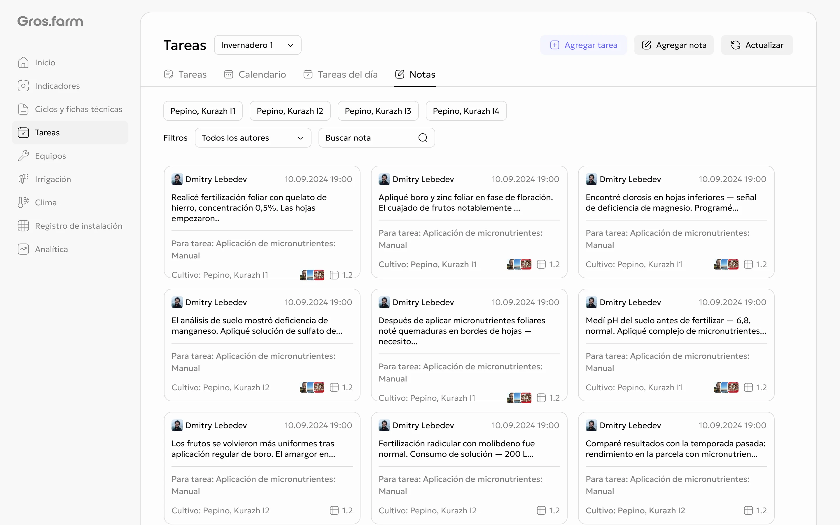 Registro de notas en Seguimiento de tareas