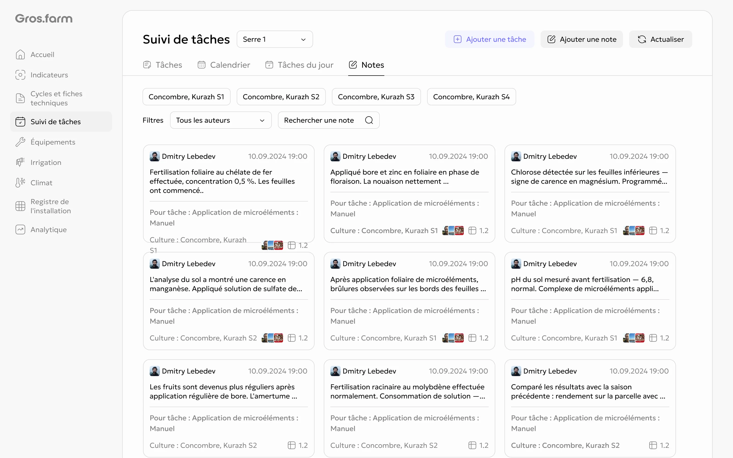 Registre des notes dans le Suivi des tâches
