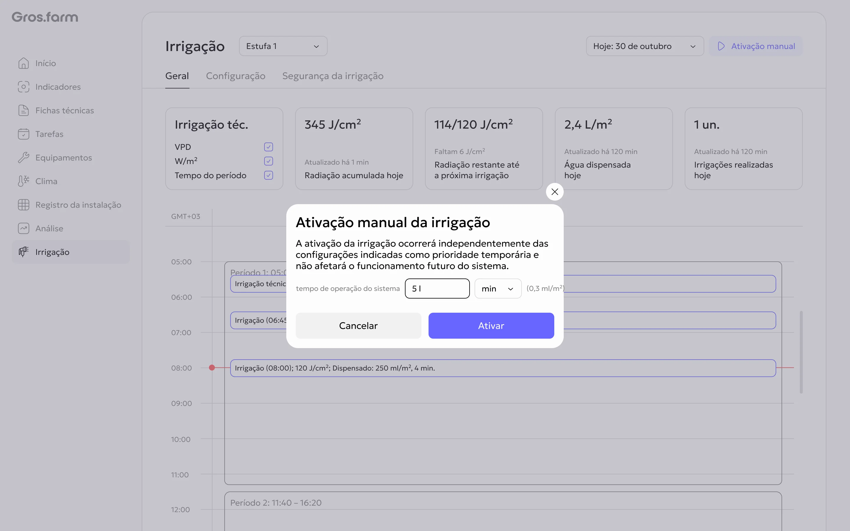 Diálogo de início manual da irrigação
