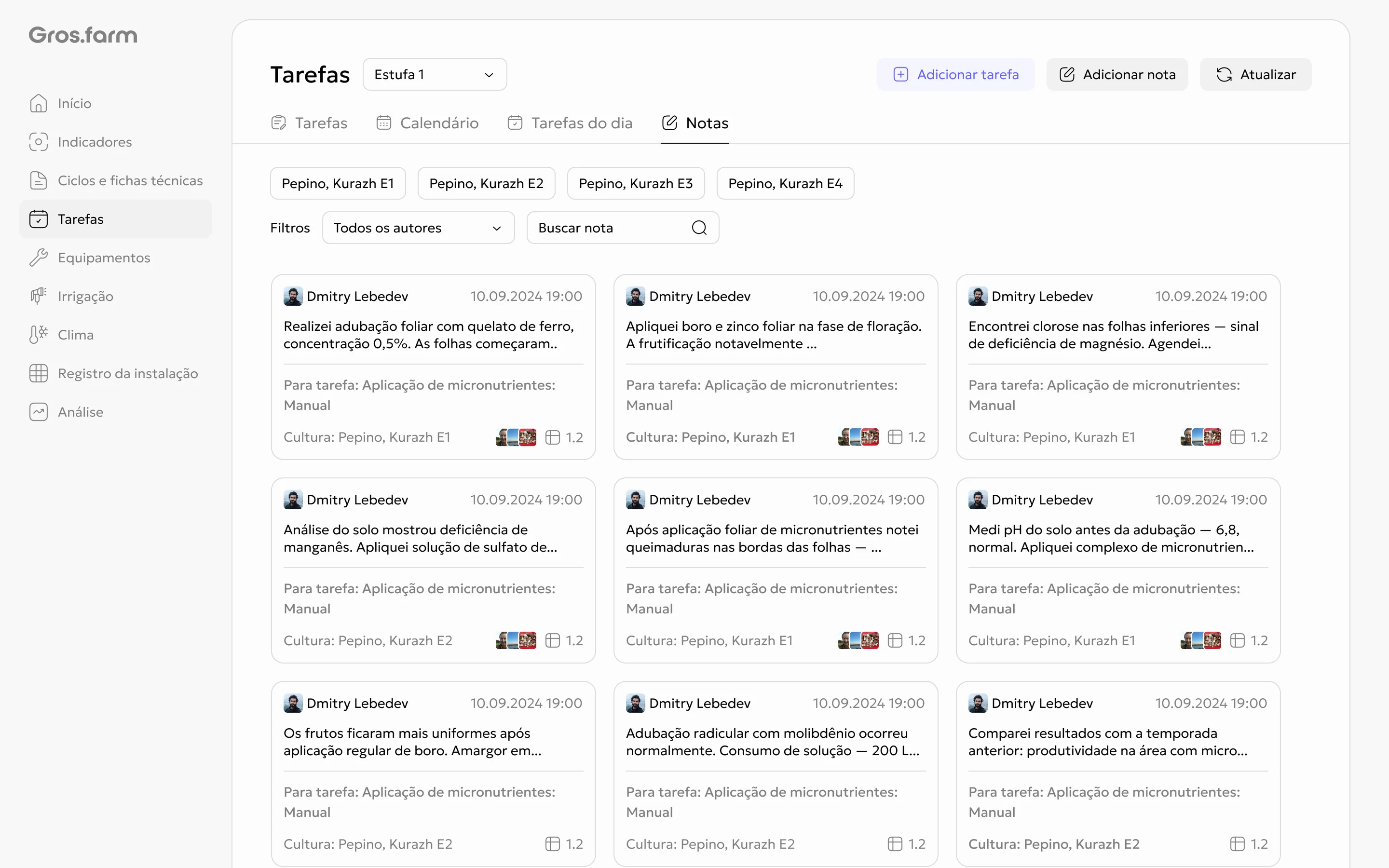 Registro de notas no Rastreador de tarefas