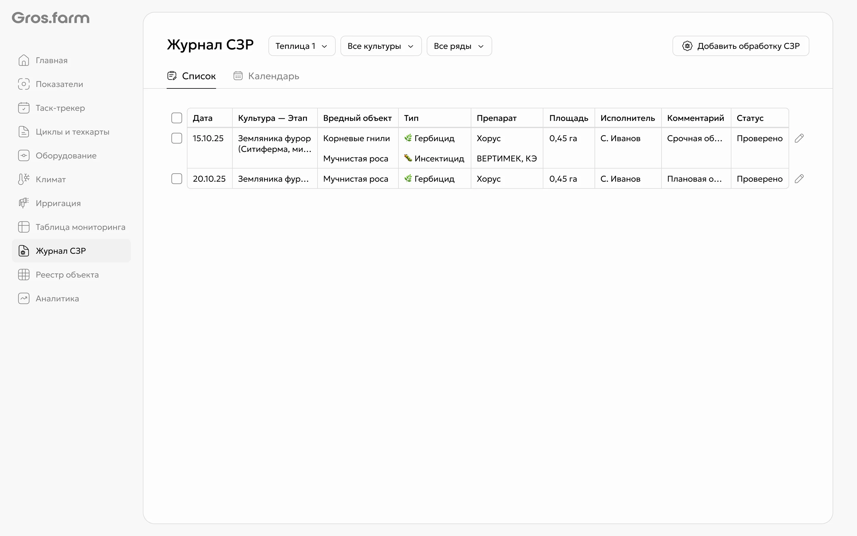 Журнал СЗР — список обработок